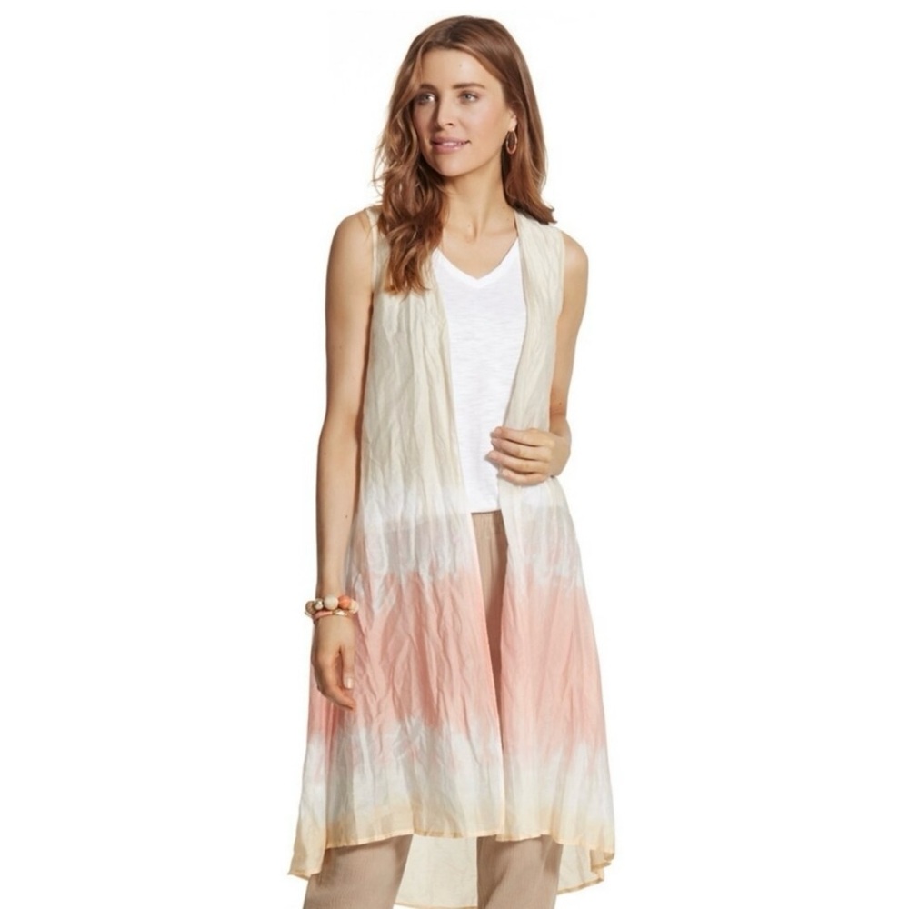 Chico’s Tie Dye Pattern Longline Open Front Vest Kimono Swim Cover-Up Size L